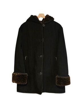 Alia Black Faux Suede Hooded Winter Coat Women’s Medium Leopard Print Faux Fur